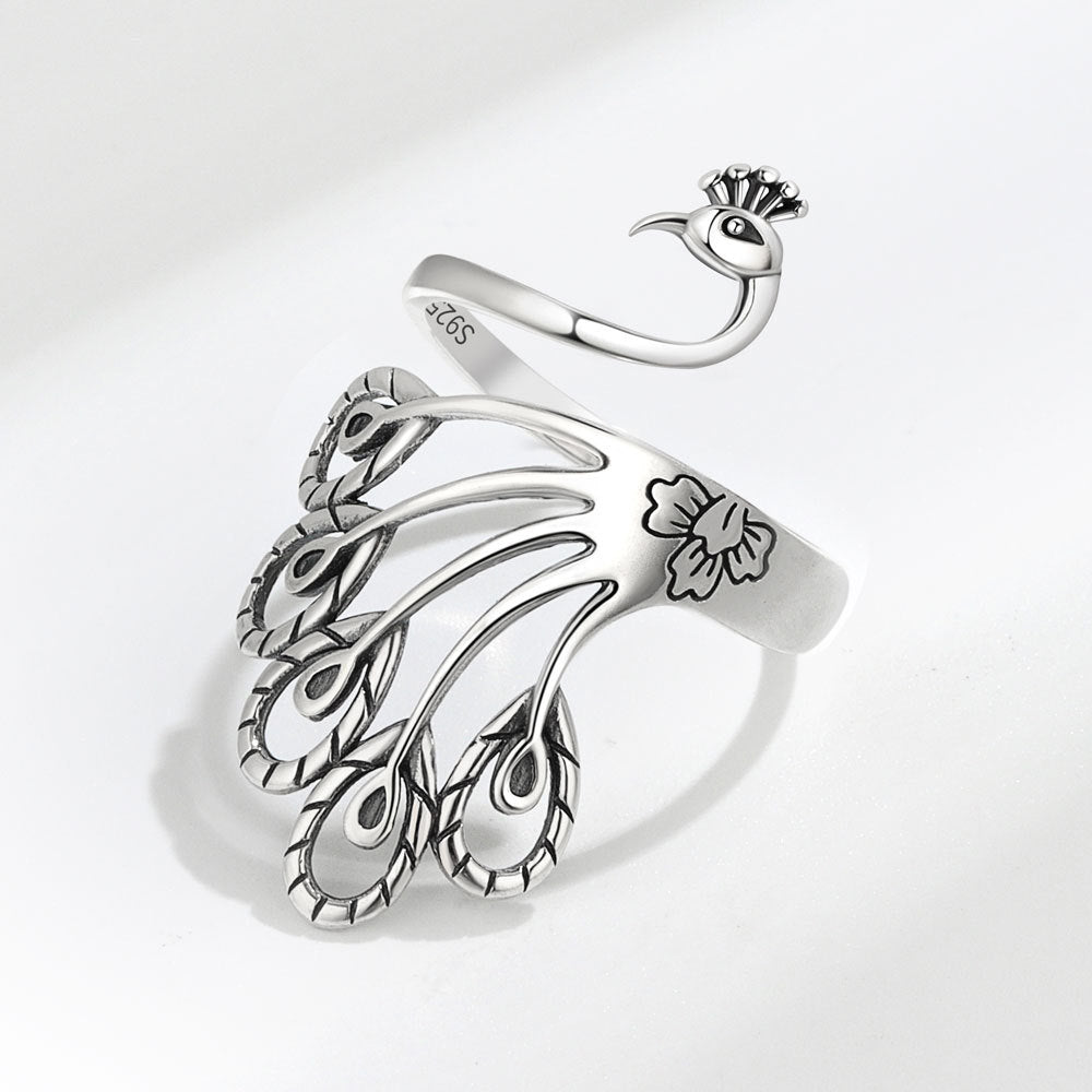 Creative Retro Peacock Sterling Silver Wide Face Ring