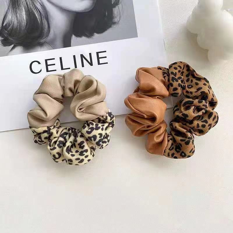 Leopard Print Leather Stitching New Color Block Large Intestine Hair Ring