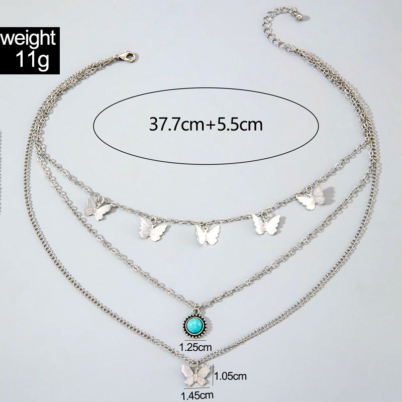 Ornament Retro Ethnic Style Simple Alloy Tassel Butterfly Inlaid Turquoise Multi-layer Necklace For Women